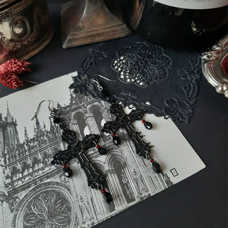 Earrings Gothic Cross Dangle, Black European Style, 7.5 cm Lightweight