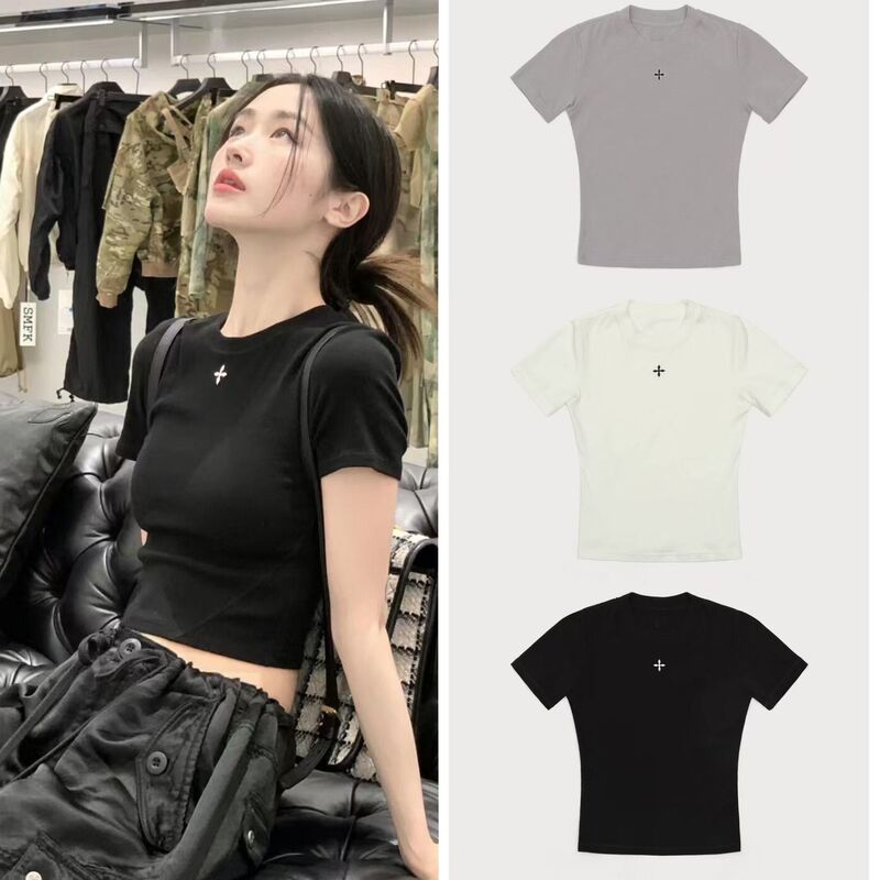 Sk Cross Badge Waist Tee Embroidered Sports Round Neck Short Sleeve T-Shirt Top 25 New Style