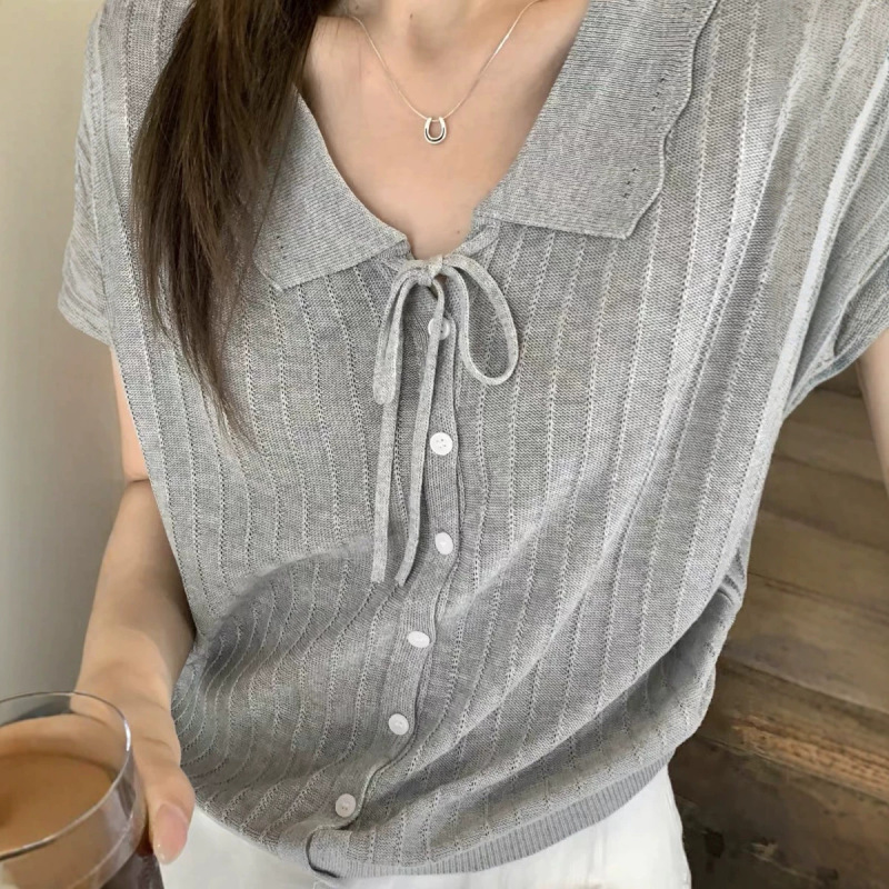 Korean-Style Textured Sweet Youthful Lace-Up Short-Sleeve Knit Cardigan for Women, New Version with Polo Collar, Slimming and Versatile Top