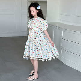 夏季女童连衣裙儿童时尚洋气彩色波点裙中大童背可拆卸蝴蝶结长裙