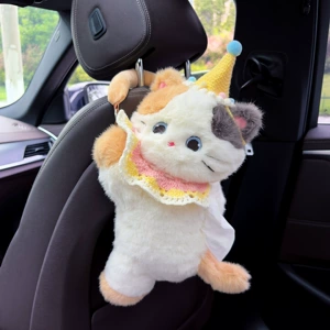 New cat-themed car tissue box, cute cartoon car seat back hanging tissue box, creative plush toy hanging bag