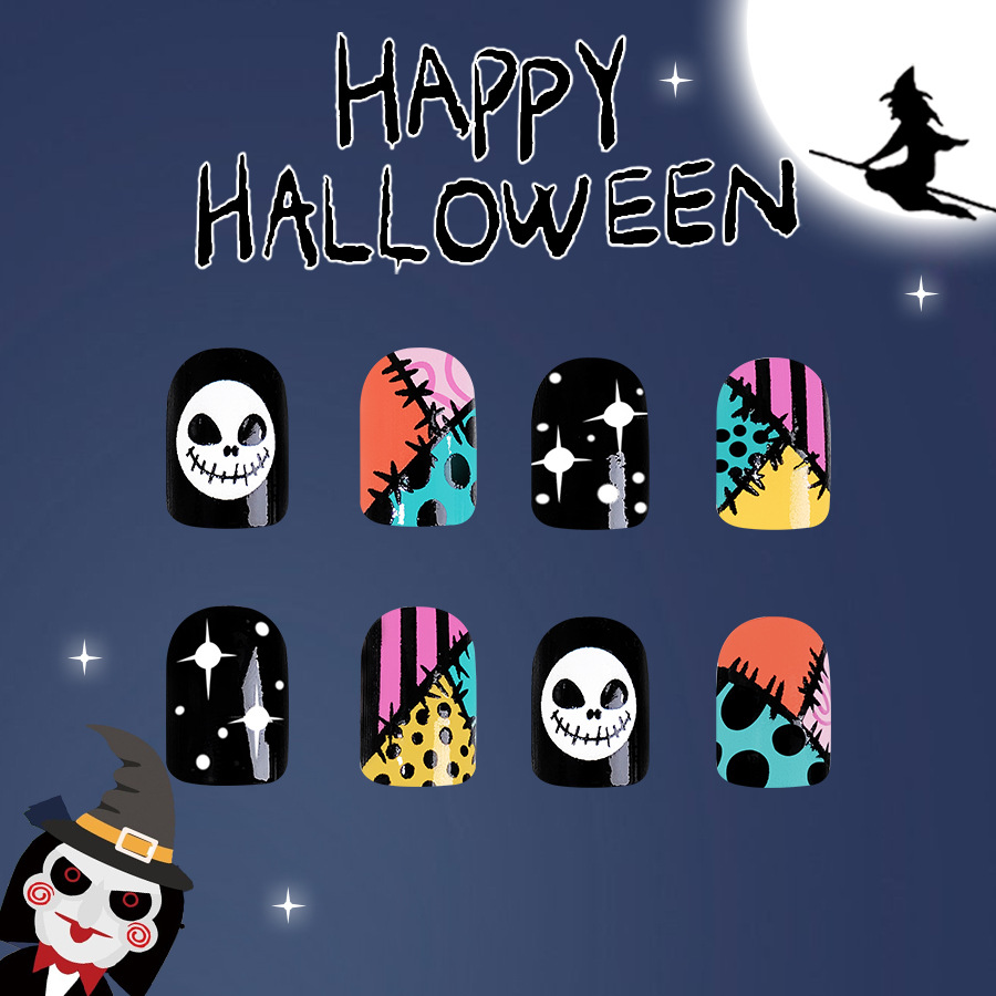 Short Glitter Shining Stars Halloween Thriller Skull 20.24 million Halloween Nail Art New Wear Armor 24 Pieces_voghion.com