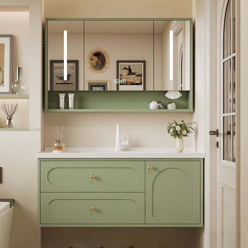Modern Oak Minimalist Bathroom Cabinet Set with Smart Rock Slab Seamless Washbasin Sink Modern Oak Minimalist Bathroom Cabinet Set with Smart Rock Slab Seamless Washbasin Sink