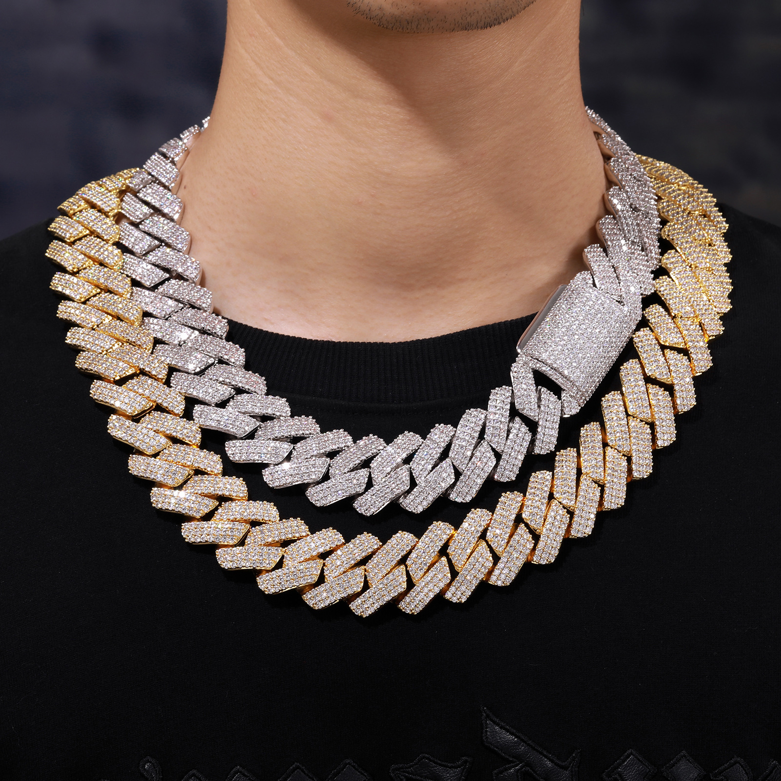 Collier Cubain Homme À Trois Rangs Avec Zircon Et Strass_voghion.com