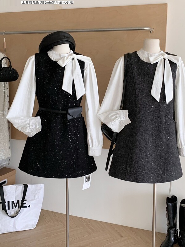 Qianjin Style Miu Style Flutter Collar Shirt Woolen Vest Dress Women's Hepburn Style Fashion Suit Skirt Spring & Fall Style