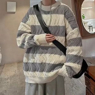 Striped Crewneck Sweater Men's Winter Couple's Fashionable All-match Casual Turtleneck Sweater Lazy Style Loose Sweater Jacket