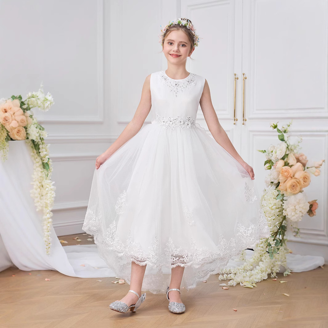 Vestido transfronterizo para niños, vestido de princesa, pegatinas bordadas, tela forjada con cuentas, vestido de niña, vestido de fiesta, vestido de fiesta, vestido de fiesta de gasa de red, mujer