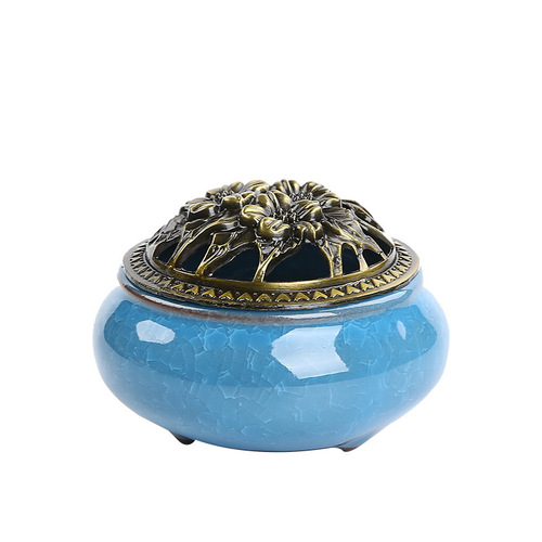 Inverted Flow Incense Burner Ceramic Ornament Ge Kiln Ice Crackle Home Use with Lid Plate Incense Burner Agarwood Incense Room Aroma Incense Burner Sandalwood for Worship
