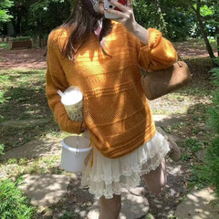 甜美慵懒风圆领镂空长袖针织衫女装2025秋季宽松显瘦百搭减龄毛衣
