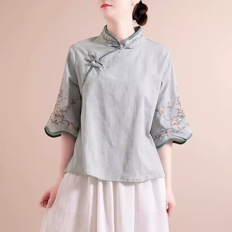 夏季新款妈妈文艺复古绣花盘扣斜襟宽松茶服上衣新中式中国风衬衫