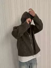 High-End Ol Style Gray Zip-Up Mohair Cardigan Wool Blend Trendy Unisex Hooded Knit Sweater Jacket