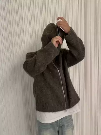 High-End Ol Style Gray Zip-Up Mohair Cardigan Wool Blend Trendy Unisex Hooded Knit Sweater Jacket