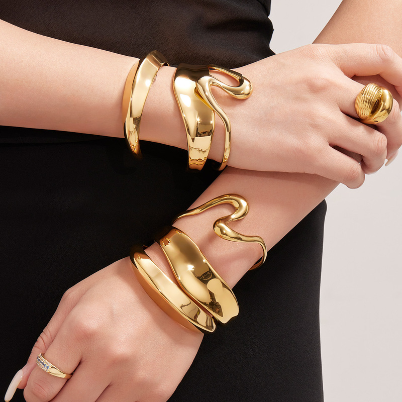 Dreamy Stainless Steel S Curve Geometric Open Bracelet Wide Texture Textured Angular Jewelry Combination 18K Gold Plated Jewelry