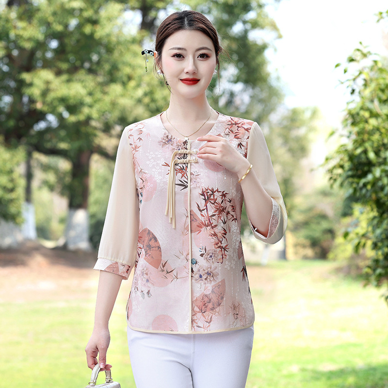 Mother's Day Chinese-style Printing National Style New Summer Mother Western-style Seven-point Sleeve T-shirt Middle-aged and Elderly Top Small Shirt for Women Mother's Day Chinese-style Printing National Style New Summer Mother Western-style Seven-point Sleeve T-shirt Middle-aged and Elderly Top Small Shirt for Women