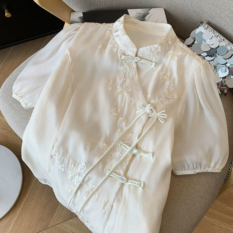 Летняя модная шифоновая рубашка, китайский стиль, с вышивкой