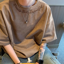 美拉德麂皮绒短袖t恤男夏季2025新款潮牌刺绣痞帅内搭半袖打底衫