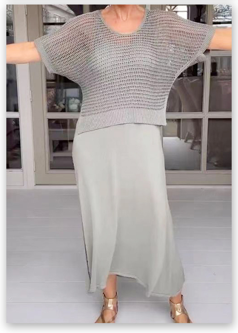 Cross-Border New Hollow Casual Solid Color Round Neck Knitted Sweater European And American Style Dress Set_ecoleips.com