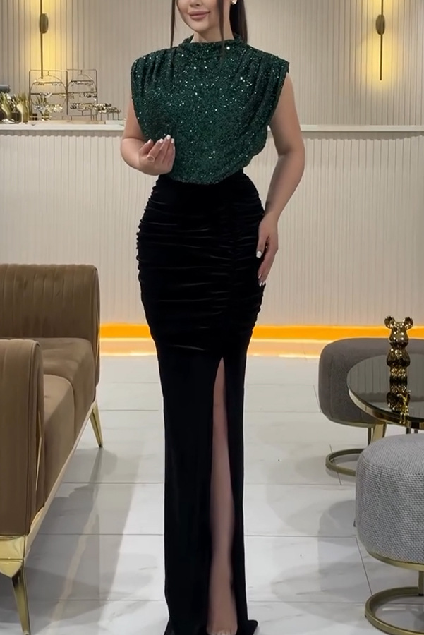 Sequins, Slit Design Wholesale Women's Elegant Sequins Slit Solid Color Banquet Standing Collar Sleeveless Sheath Dress