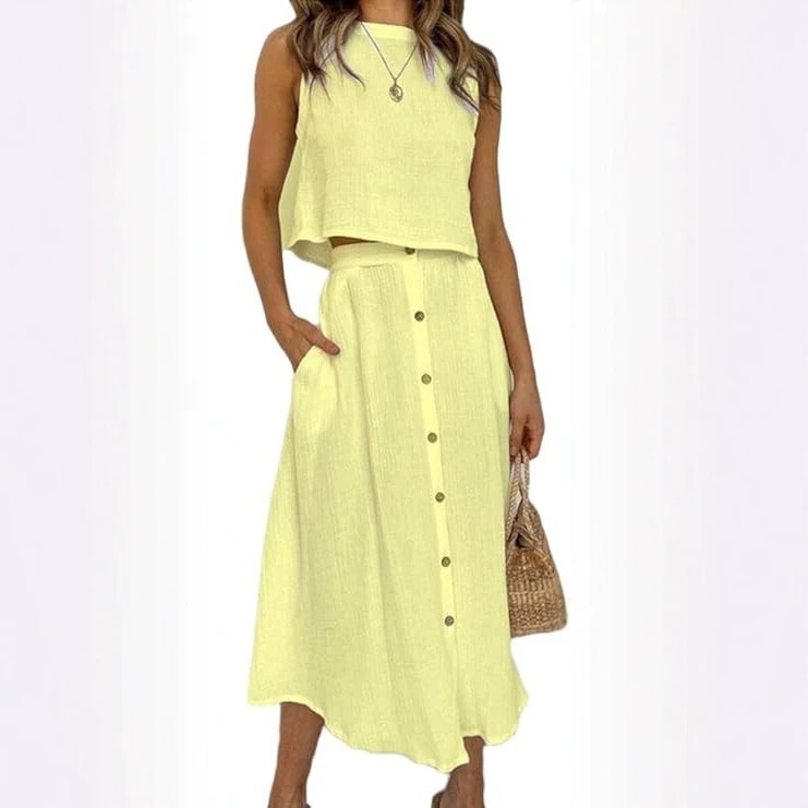 2026 New Amazon Round Neck Vest Shirt Mid-Length Buttoned Dress Two-Piece Set 2026 New Amazon Round Neck Vest Shirt Mid-Length Buttoned Dress Two-Piece Set