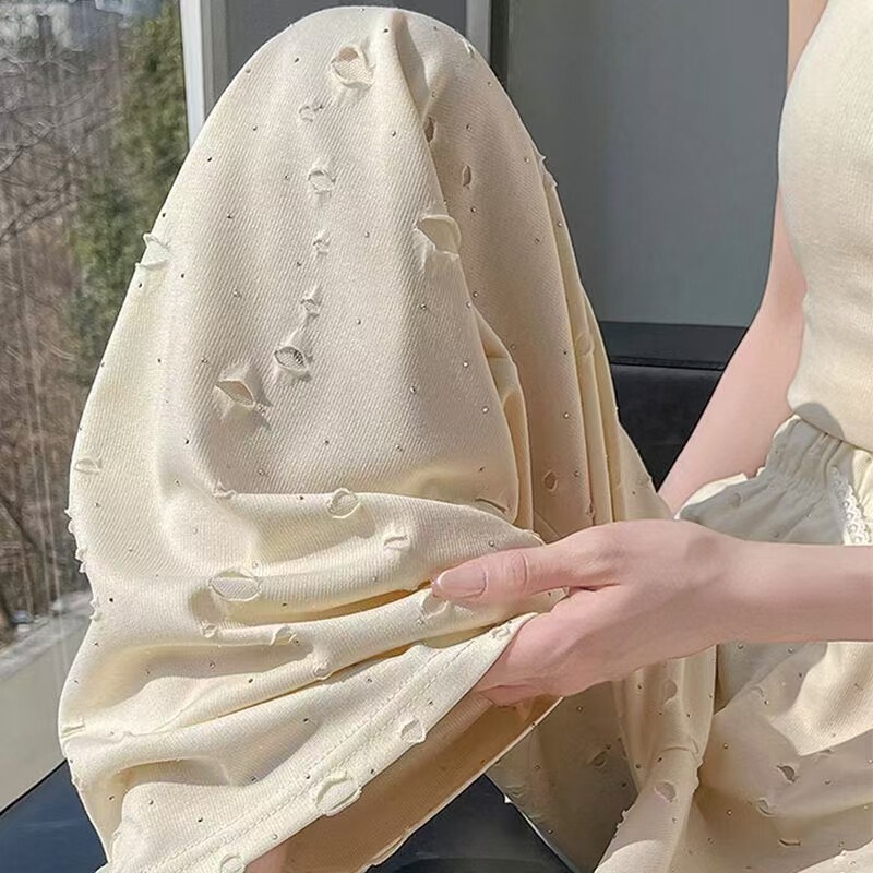 Summer Hole Drilling Straight Tube Sports Leisure Women's Loose Wide Leg Pants Solid Color Straight High Waist Pants