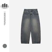 Neverules复古水洗猫须纹理牛仔裤男士宽松休闲弯刀牛仔长裤K3062