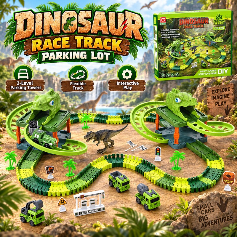 Dinosaur track car, featuring a double-dinosaur design, multi-level looping track, and electric-powered, is an educational and entertaining building toy for children Dinosaur track car, featuring a double-dinosaur design, multi-level looping track, and electric-powered, is an educational and entertaining building toy for children
