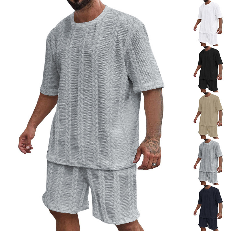 Men's Jacquard Knit Short Sleeve Tee And Shorts Set Solid Color Casual Summer Sport Outfit_viptrois.com