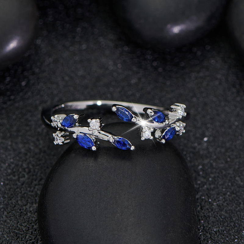 European and American Cross-Border Live Broadcast Colorful Zircon Ring for Women, Fresh Forest Style Leaf Adjustable Open Ring
