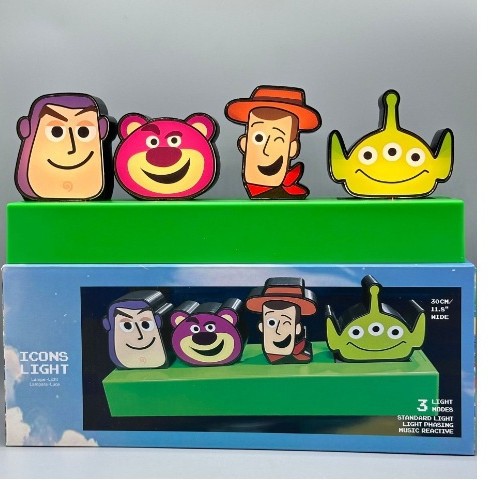 Luz con forma de signo de interrogación que mueve la lengua, luz con sonido de expresión de fantasma, luz de ambiente de juego, luz nocturna activada por voz de Toy Story.