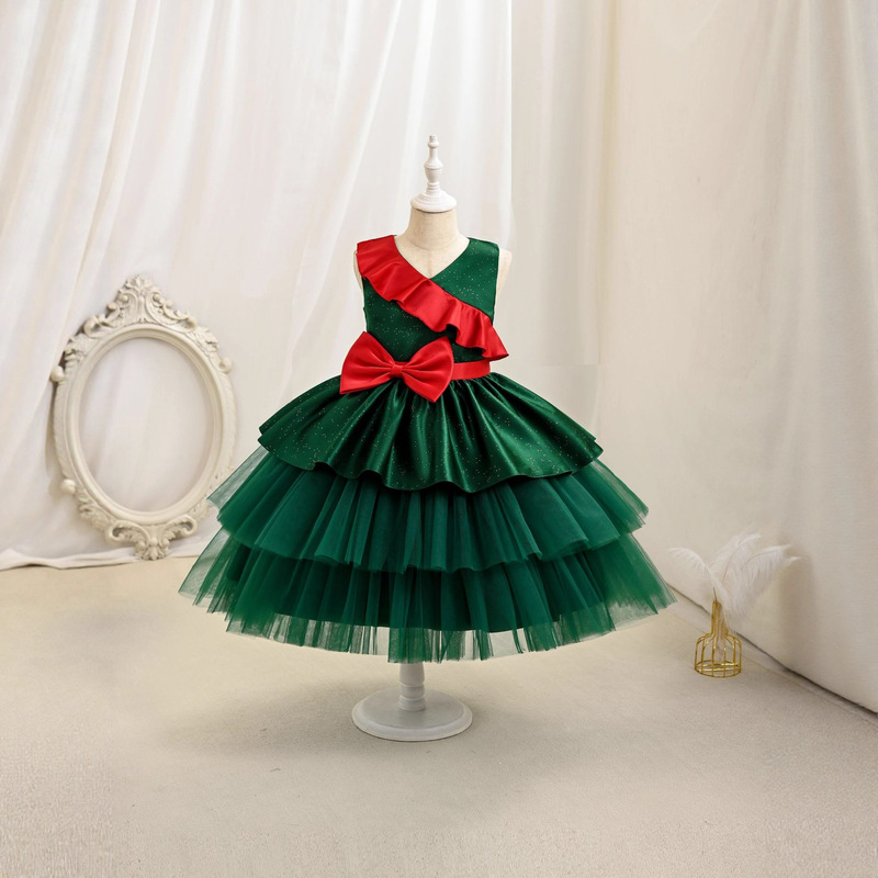 Winter Christmas Girls' Dress with Bow and Mesh, Children's Princess Dress, Christmas Baby One-Year-Old Dress