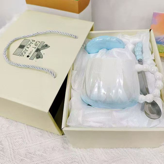 파란색 10개 진주 손잡이 스푼 10개 뚜껑 (고급 선물 세트)