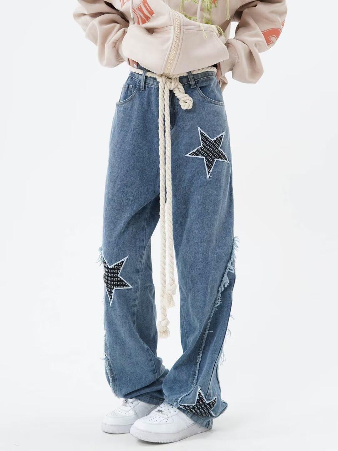 High Street Flared Ripped Light Blue Jeans Couple Loose Patchwork Casual Pants Men Hip Hop 2025 Trend_viptrois.com