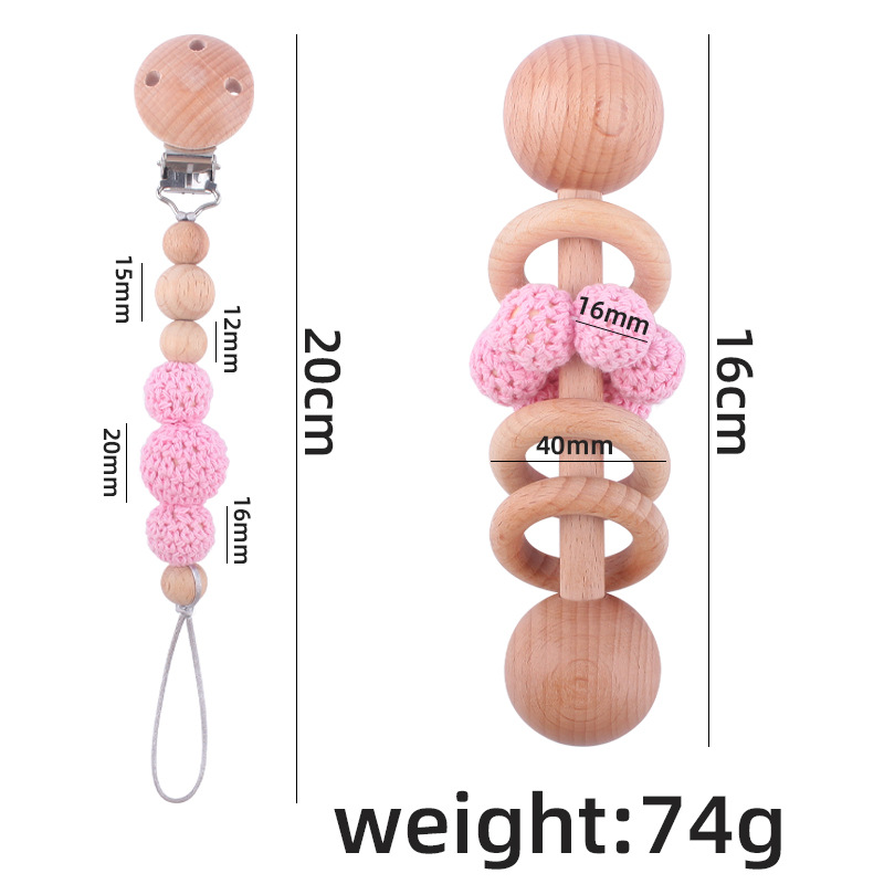 Nuevo bebé suministros Beech Rattle teether juguete calmante bebé bola de lana cuentas de madera pezón cadena traje