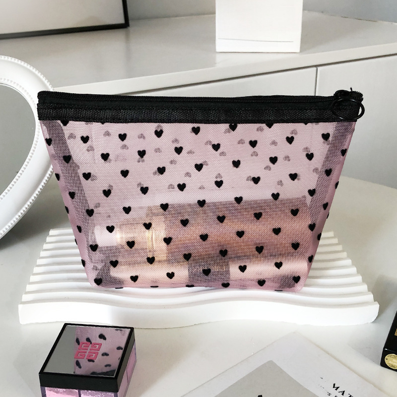 New Ins Love Flocking Powder Mesh Makeup Bag Girls' Heart Portable Washing Large Capacity Breathable Lipstick Trade