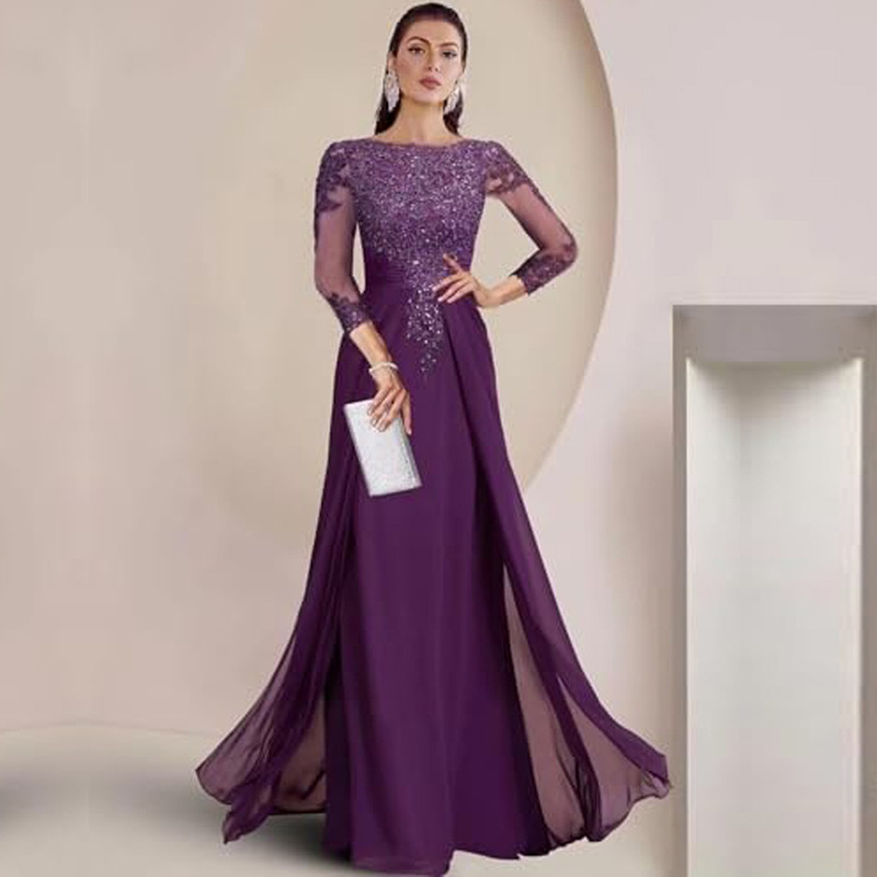 Cross-border evening dress with lace splicing, long style, women's three-quarter sleeve dress for banquet hosting and bridesmaid, new elegant and slimming evening wear Cross-border evening dress with lace splicing, long style, women's three-quarter sleeve dress for banquet hosting and bridesmaid, new elegant and slimming evening wear