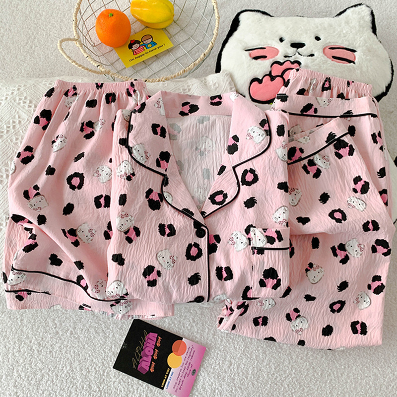 Pijamas de amor dulce de color, pantalones de manga corta de hilo de algodón de nube de verano para mujer, cárdigan de tres piezas, servicio a domicilio