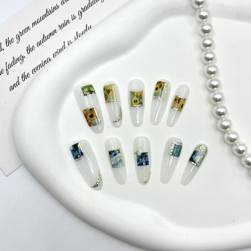[Made in Shenzhen] Starry Sky Meets Sunflower Hand-Wearing Armor Van Gogh Nail Art Oil Painting Wind Nail Nail Pieces
