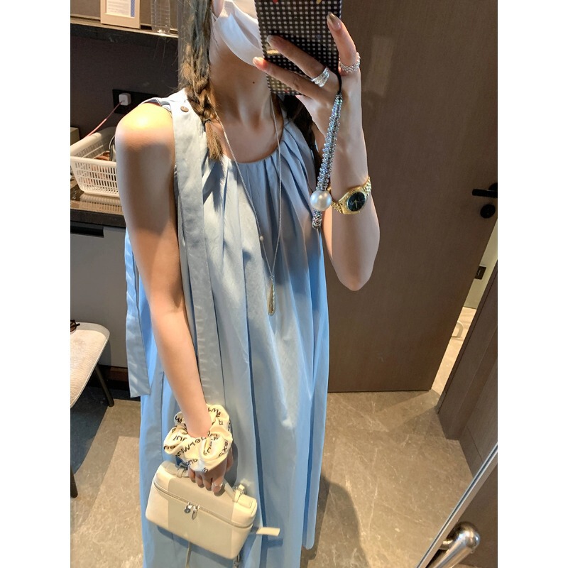 Mochi Gentle Vacation Style Backless Pleated Round Neck Loose Sleeveless Tank Dress Mq0610 Mochi Gentle Vacation Style Backless Pleated Round Neck Loose Sleeveless Tank Dress Mq0610