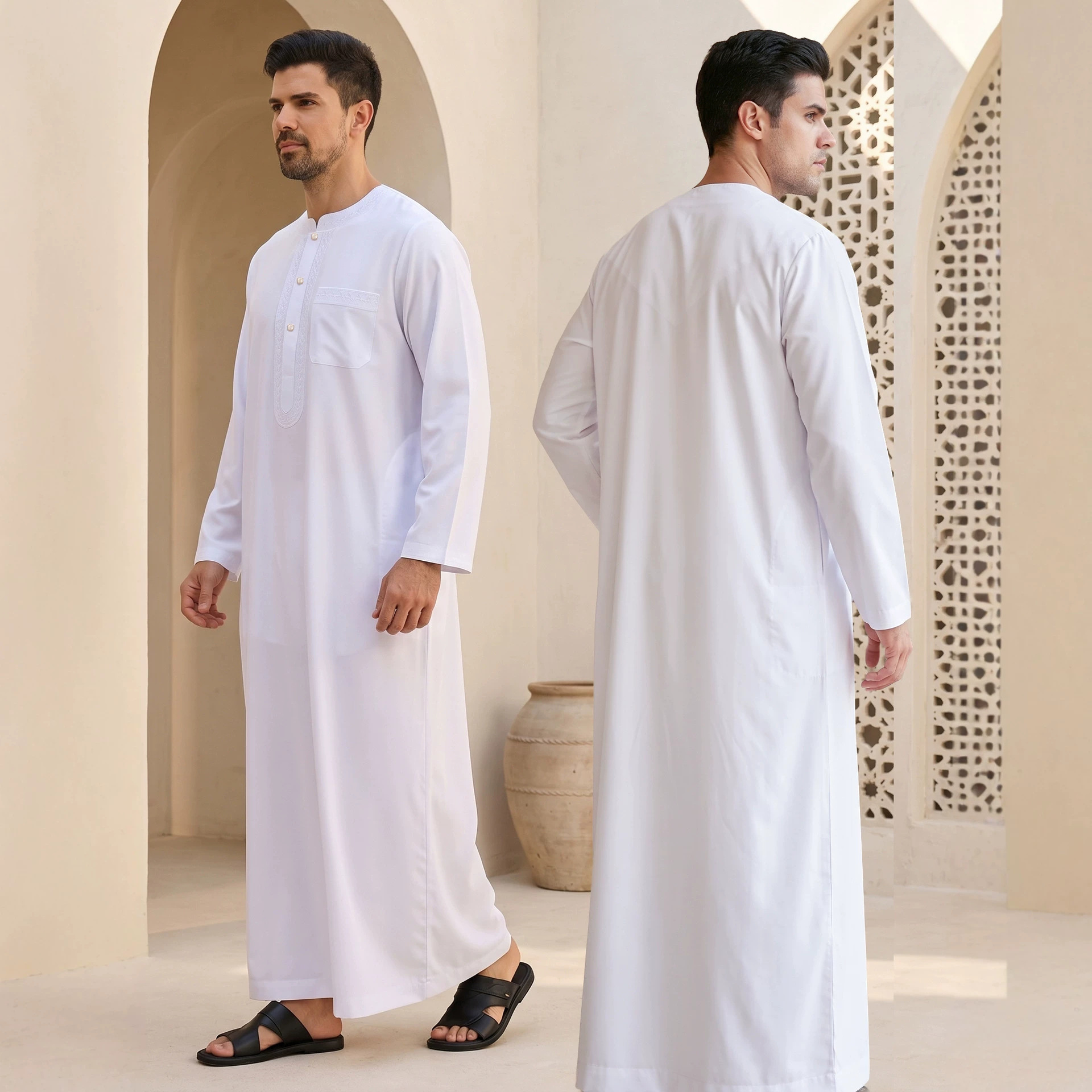 Fn203-249-C 2026 New Men's Thobe White Stand-Up Collar Embroidered Robe Home Wear