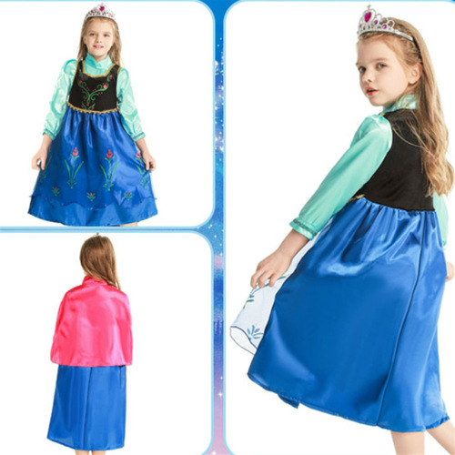 Ice and Snow Fairy Tale Foreign Trade Children's Dress with Scarf Anna Princess Dress Cosplay Costume for Girls Birthday Gown