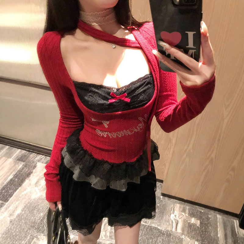 Red Fake Two-piece Lace Hanging Neck T-shirt Women's Autumn and Winter Sweet Spice Girl Sexy Base Shirt with Short Long Sleeve Top