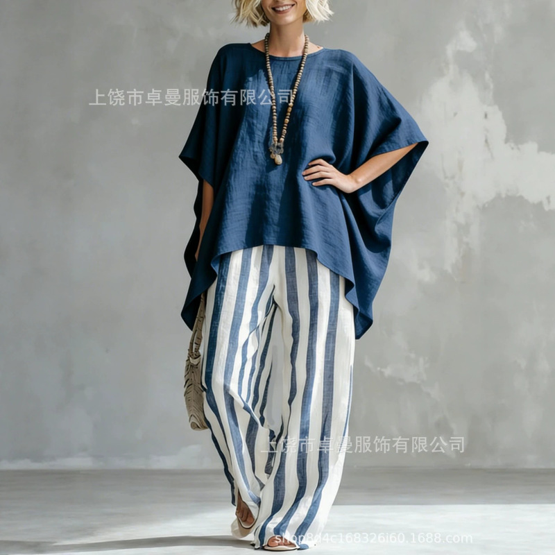 2026 Amazon European and American Cross-Border Women's Clothing Spring and Summer Loose Batwing Sleeve T-Shirt Cape-Style Casual Top Set