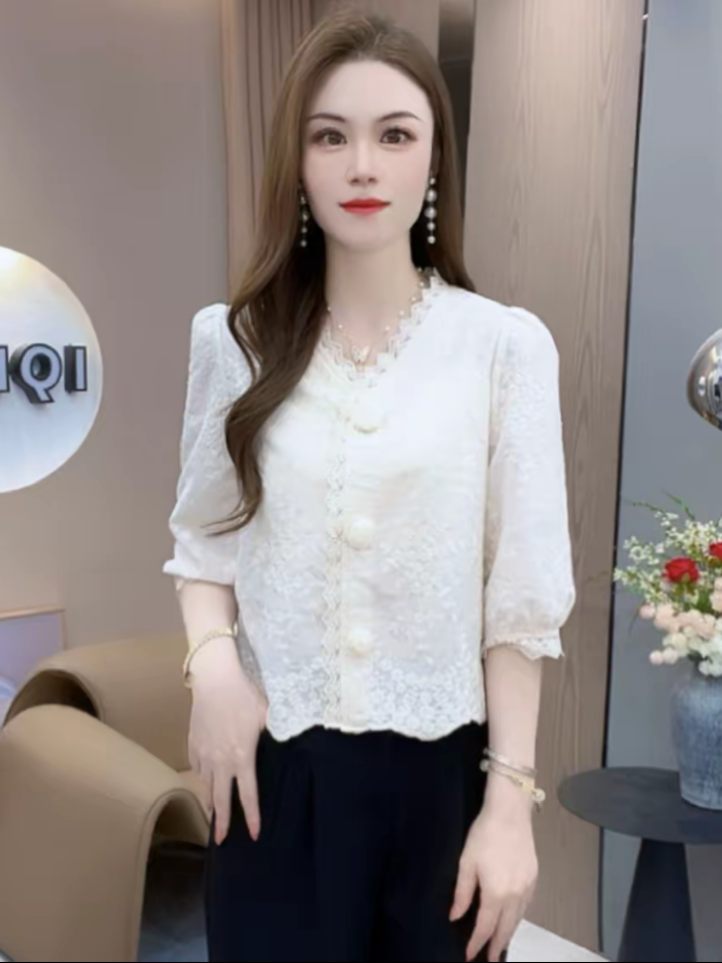 法式V领时尚衬衫女士早秋新款洋气外贸小衫小个子宽松五分袖上衣|undefined