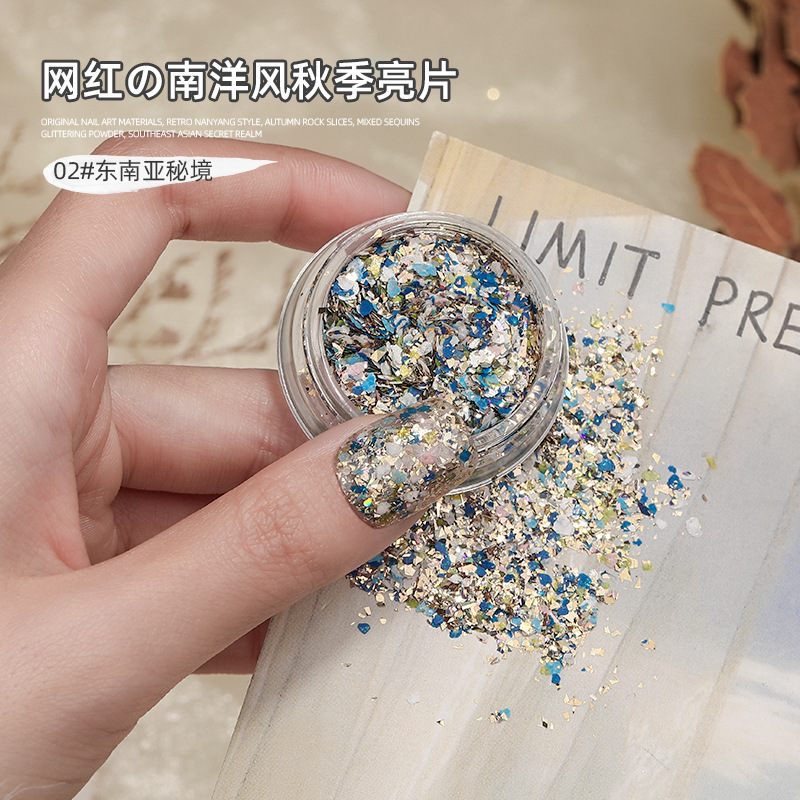 Materiales para decoración de uñas, polvo brillante estilo retro Nanyang, decoración de uñas, accesorios para decoración de uñas con camelia del paraíso secreto del sudeste asiático