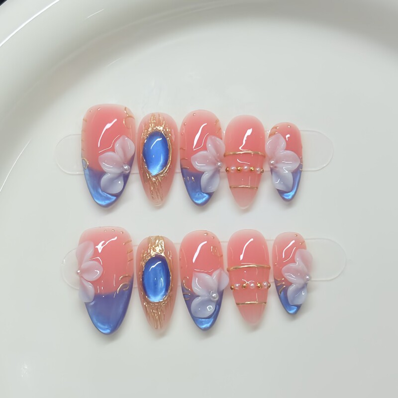 European and American Cross-Border [Blue Jewel Fantasy] Handmade Wearable Nails Blue Cat Eye Blue-Toned French Carved Nail Stickers