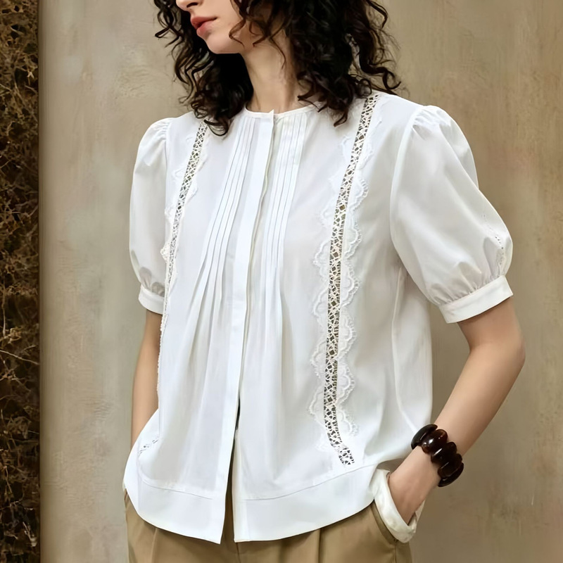 Taop&Za Summer Thin French-Style Sweet and Elegant Commuter All-Cotton Lace Hollow-Out Patchwork Shirt Top Taop&Za Summer Thin French-Style Sweet and Elegant Commuter All-Cotton Lace Hollow-Out Patchwork Shirt Top
