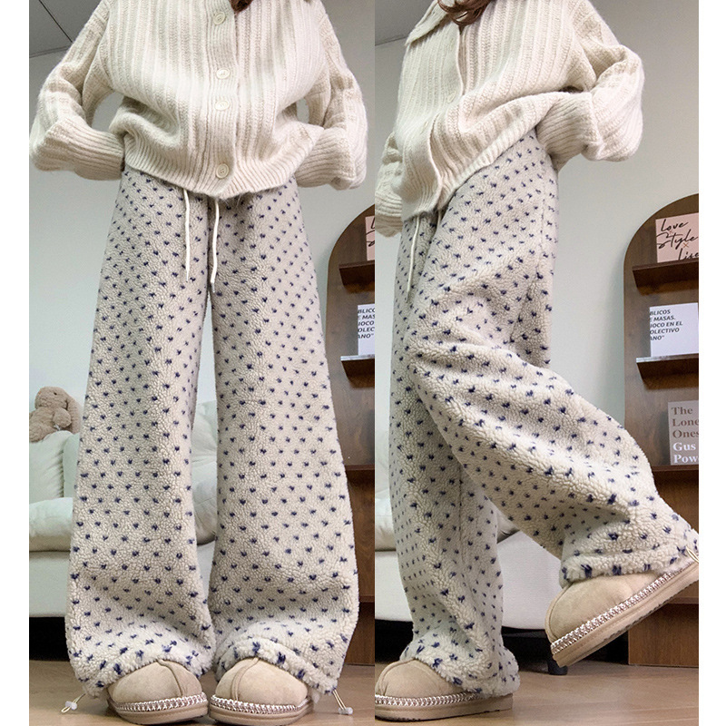 Polka-Dot Knit Glutinous Pants for Women 2025 New High-Waisted Slimming Petite Lazy Soft Fleece Wide-Leg Pants