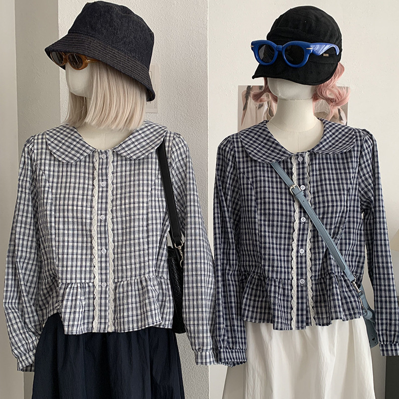 KEKEZOON Gentle Style Lace Patchwork Plaid Long Sleeve Shirt for Women, Autumn Doll Collar Cardigan Top 8559