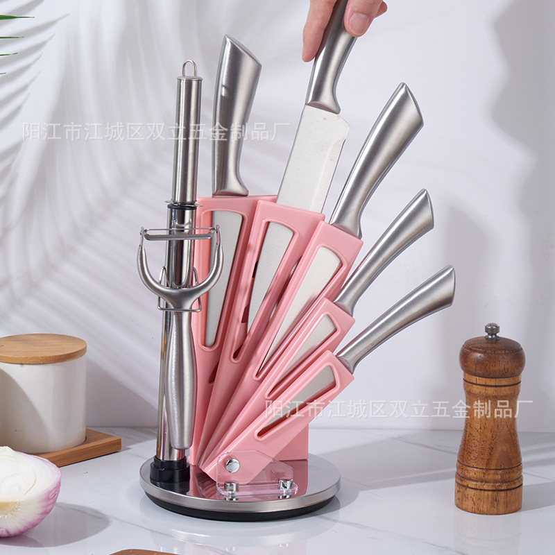 Suministro directo de fábrica traje de cuchillo de cocina de acero inoxidable de 8 piezas soporte de cuchillo giratorio de acrílico pintura en aerosol lote