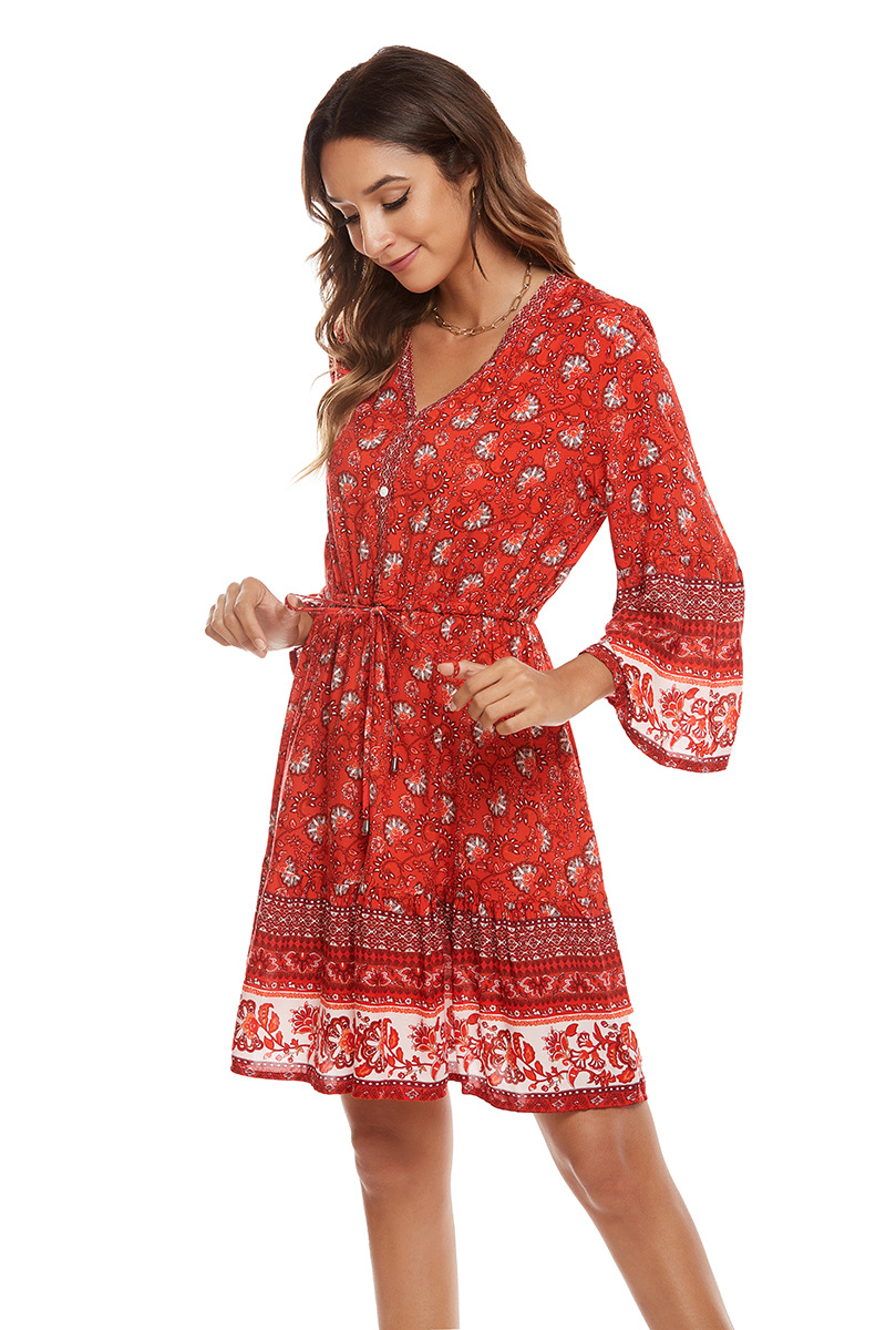 printing V-neck trumpet sleeve drawstring rayon dress NSCX39442